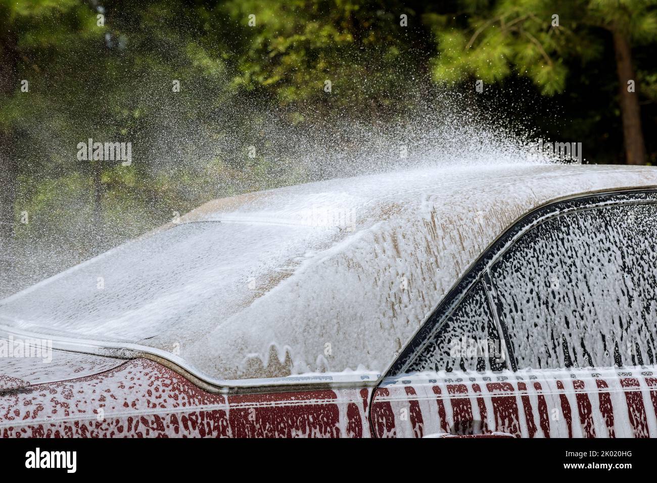 Während des Waschvorgangs des Autos, Verwendung einer Powerwasher mit einem Schaumsprüher mit Seife vollgekullt Stockfoto