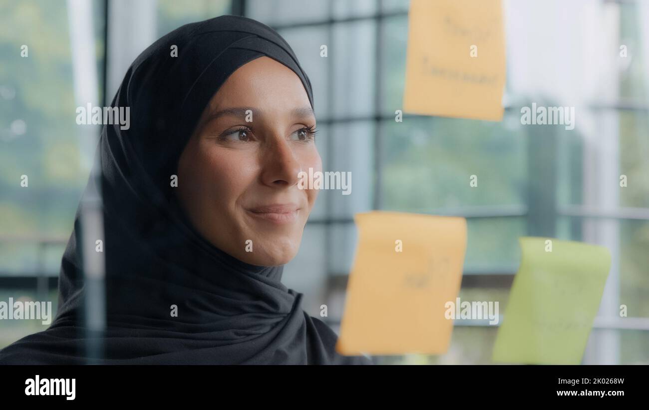 Junge weibliche Büroangestellte Manager Blick auf die Planung Glastafel zuversichtlich zufriedene Geschäftsfrau Corporate Executive prüft Notizen auf klebrig gefärbt Stockfoto