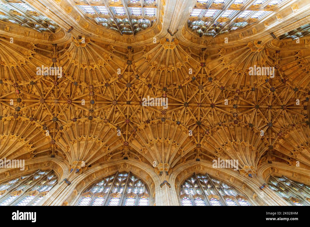 Das pralle Fächergewölbe-Dach über dem Kirchenschiff in Sherborne Abbey, Dorset, England, Großbritannien Stockfoto