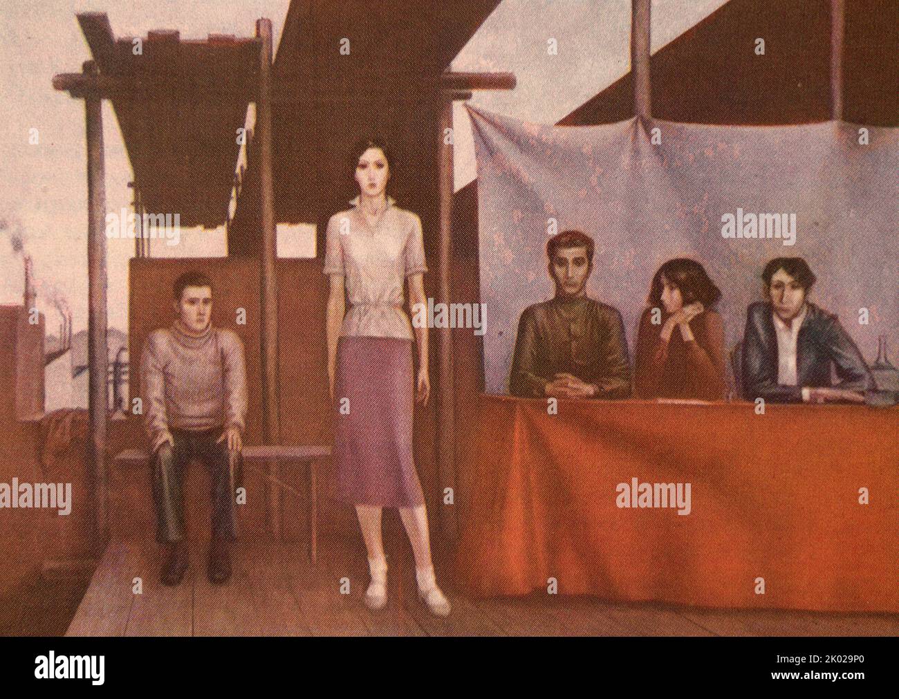 K. Aghamyan. Eintritt zum Komsomol. Öl. 1981. Karen Aghamyan (geboren 1946) ist eine armenische Malerin. Die All-Union Leninist Young Communist League (bekannt als Komsomol), war eine politische Jugendorganisation in der Sowjetunion. Stockfoto