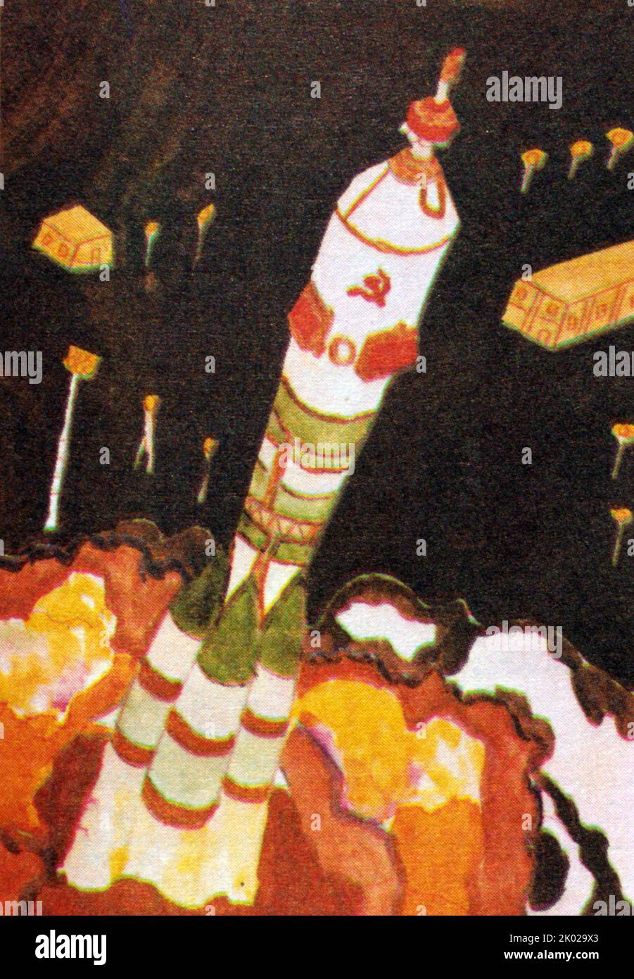 Im Weltraum. Von Lena. Russisches Kindergemälde, das das sowjetische Raumfahrtprogramm 1980 illustriert Stockfoto