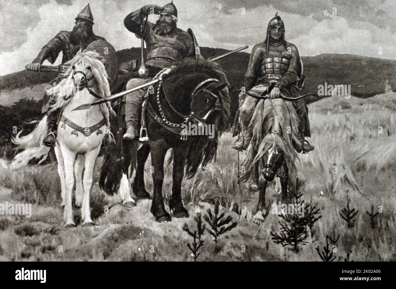 Drei der berühmtesten bogatyrer, Dobrynya Nikitich, Ilya Muromets und Aljosha Popowitsch, treten in Victor Vasnetsovs 1898 Gemälde Bogatyrs zusammen. Ein bogatyr ist eine Figur in mittelalterlichen ostslawischen Legenden, ähnlich einem westeuropäischen Rittererrant. Stockfoto