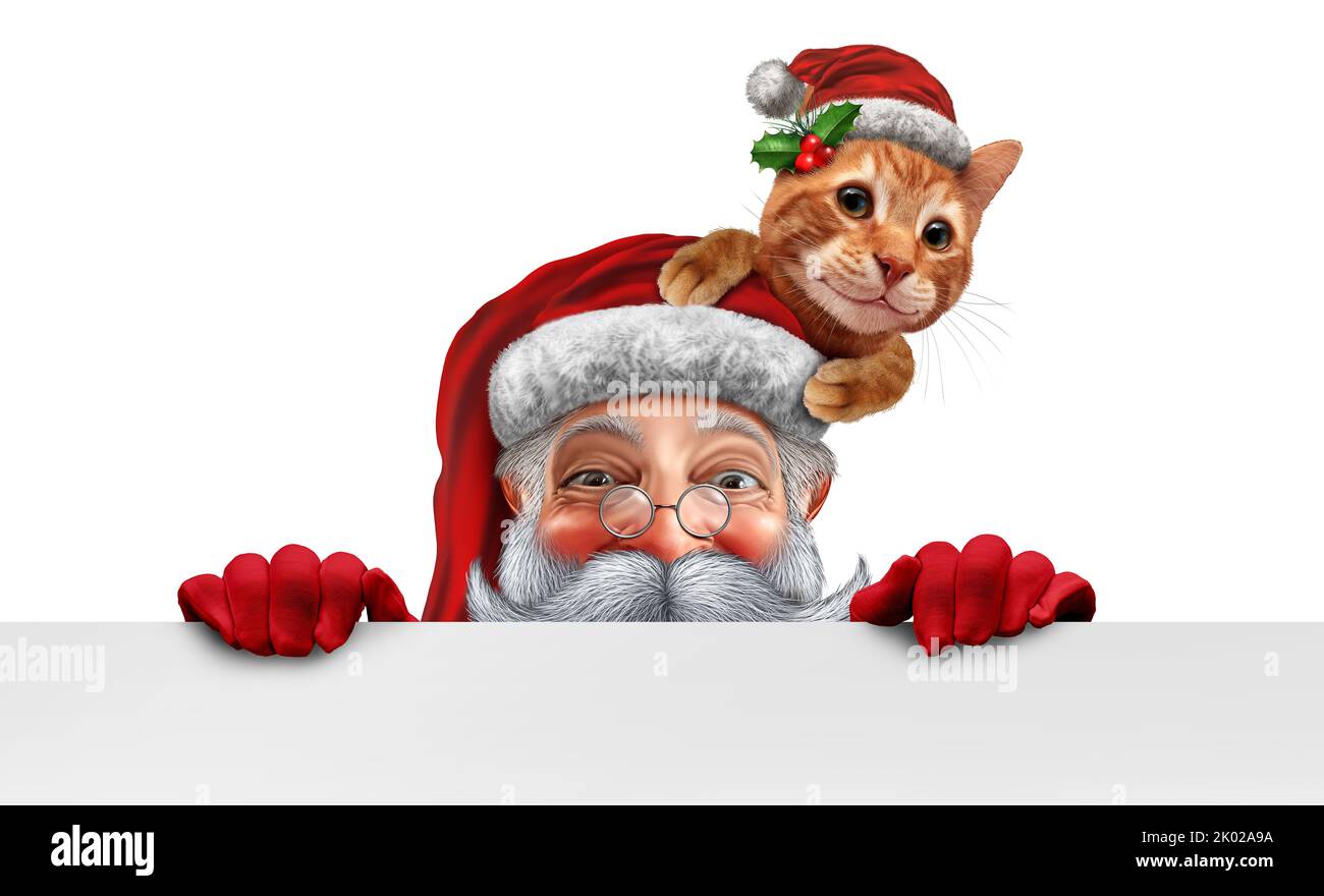 Der Weihnachtsmann hält ein Banner mit einer niedlichen Weihnachtskatze als festliches Winterfest mit Haustieren als Symbol für die Weihnachtszeit. Stockfoto