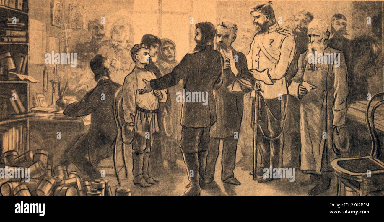 Spendenaktion in Russland zugunsten der Slawen, die gegen das türkische Joch kämpfen. 1876. Stockfoto