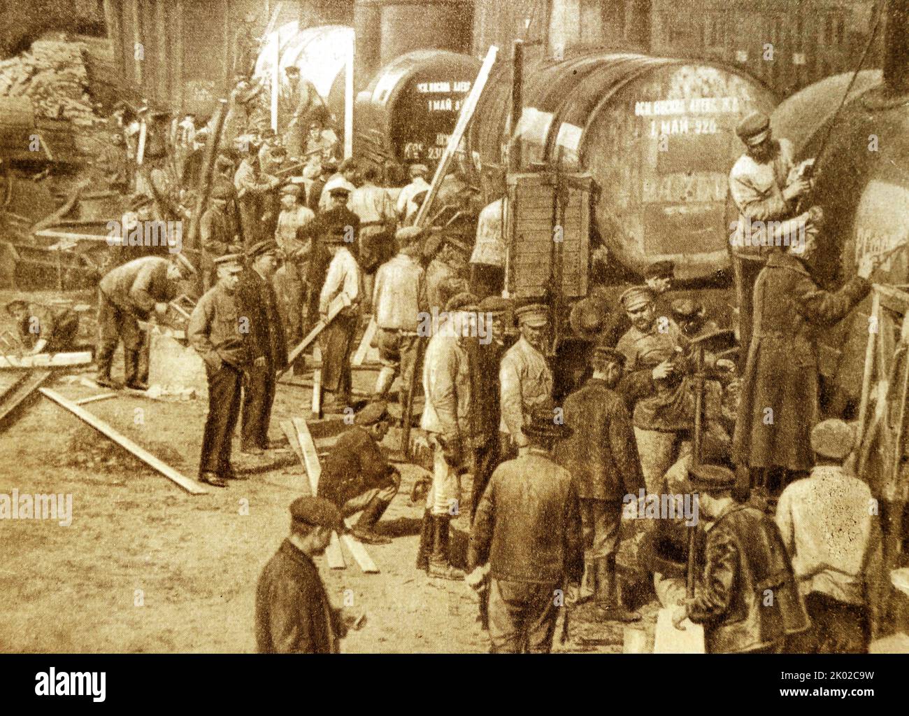 Erste Mai Aufräumen Veranstaltung in Alexandrow Railway. Moskau. 1920. Stockfoto