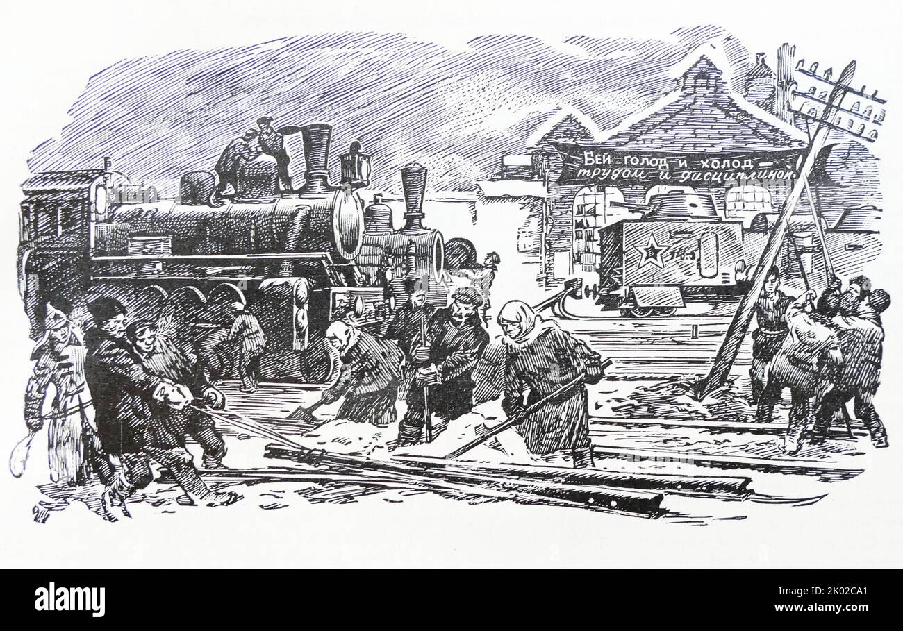 Abbildung zeigt den Wiederaufbau von Eisenbahnlinien in Russland während des Bürgerkrieges; 1920.&#13;&#10; Stockfoto