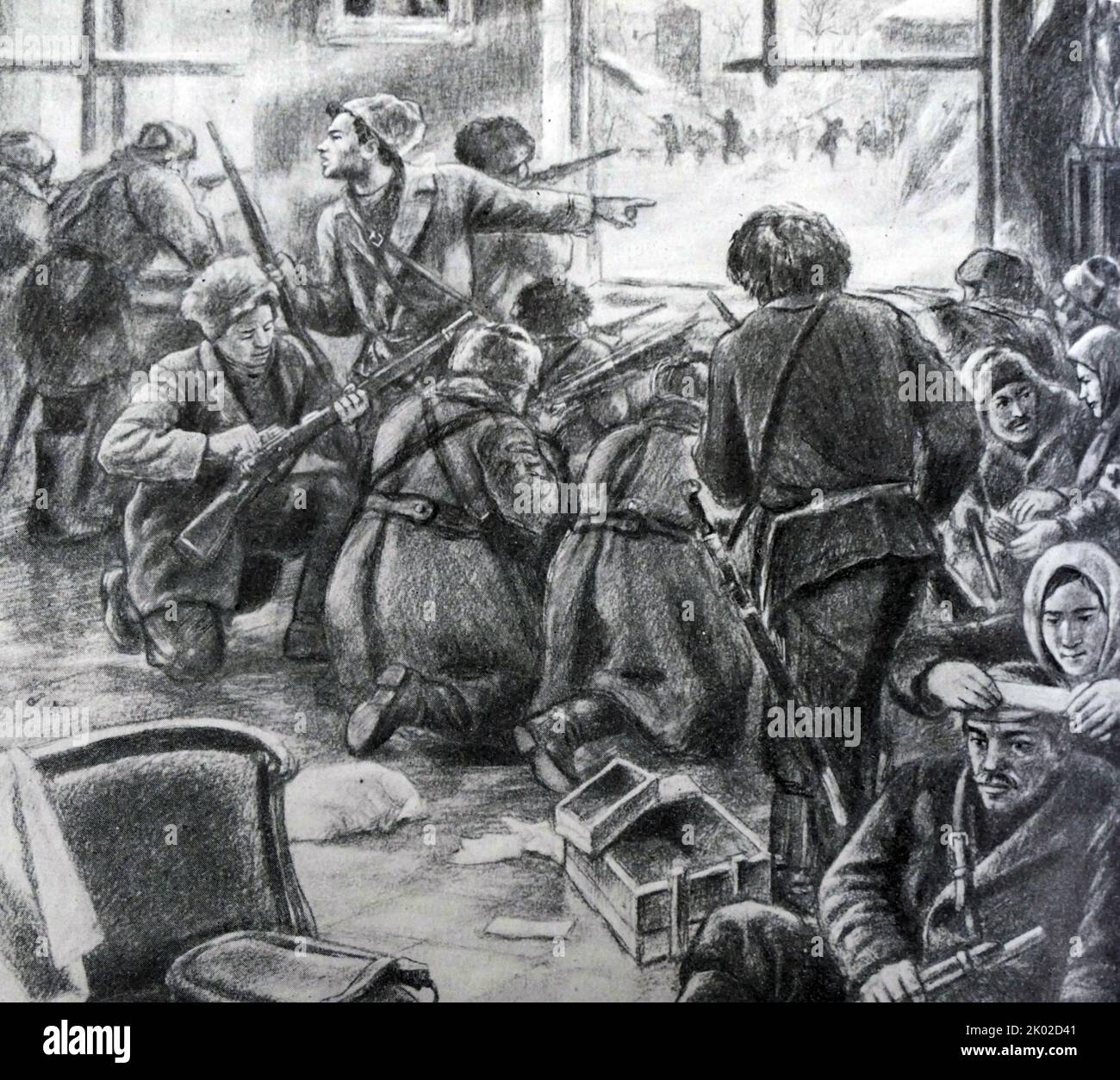 Junker und Kosaken belagern das Weiße Haus in Irkutsk. (Gemälde von E.O.Mashkevich.)&#13;&#10; Stockfoto