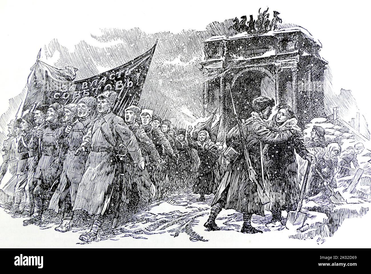 Abbildung zeigt sowjetische russische Soldaten nach dem Rückzug Russlands aus dem Ersten Weltkrieg nach Hause zurückkehren.&#13;&#10; Stockfoto