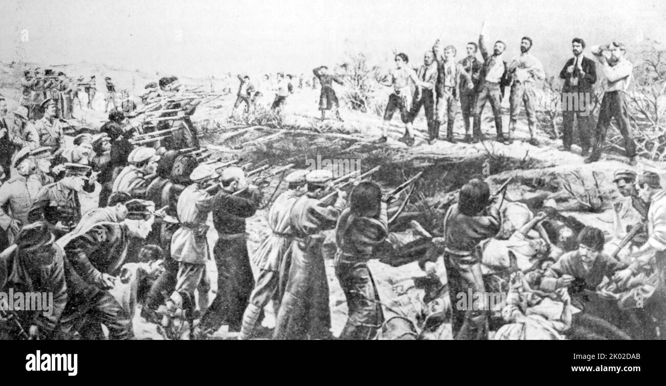 Sechsundzwanzig Kommissare von Baku, hingerichtet von englischen und weißen Gardesoldaten. (Gemälde von I.I.Brodskiy).&#13;&#10; Stockfoto