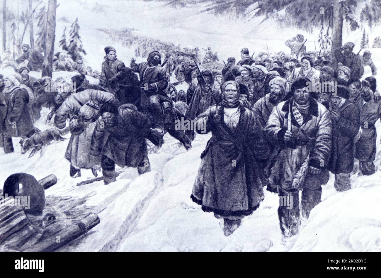 Sibirische Partisanen, die im russischen Bürgerkrieg kämpfen. (Gemälde von V.A.Serov). Stockfoto