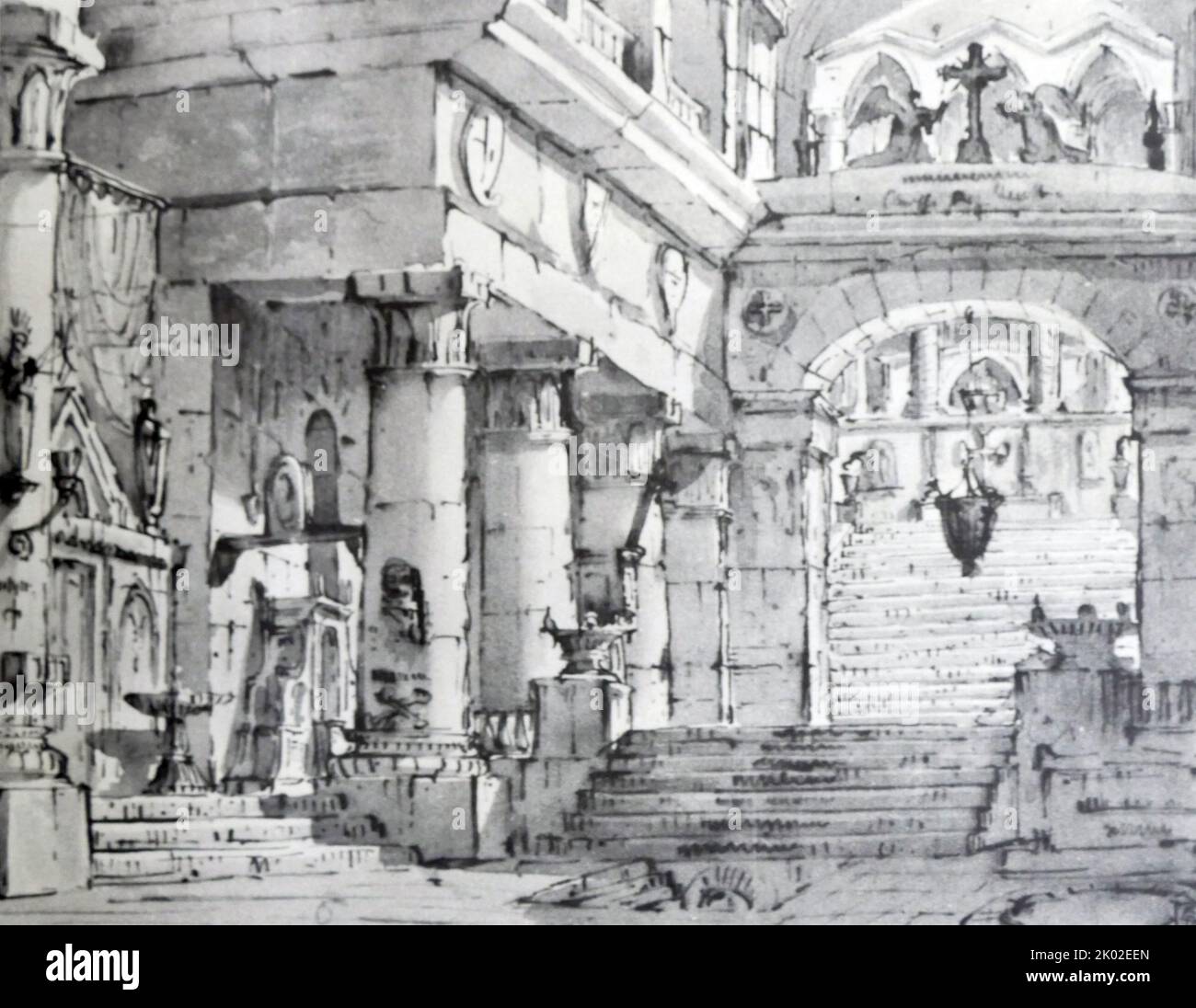 Architekturskizze von Pietro di Gottardo Gonzaga (1751 - 1831); italienischer Bühnenbildner, der in Italien und seit 1792 im Russischen Reich arbeitete. Stockfoto