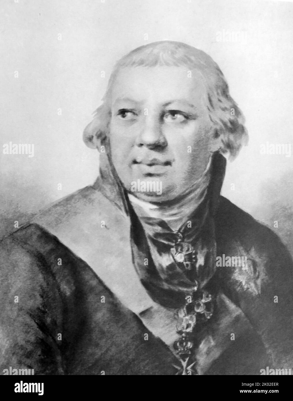 Porträt von P. H. Oholyaninov. 1810, von Vladimir Lukich Borovikovsky (1757 - 1825); russischer Künstler. Peter Khrisanfowitsch Obolyaninow (1752 - 22. September 1841) war ein Favorit von Paul I., dem General der Infanterie, im Jahr 1800-01 war er Generalanwalt. 16 Jahre lang, von 1816 bis 1832 (länger als jeder andere), diente er als Marschall des Adels des Moskauer Governorats. Stockfoto