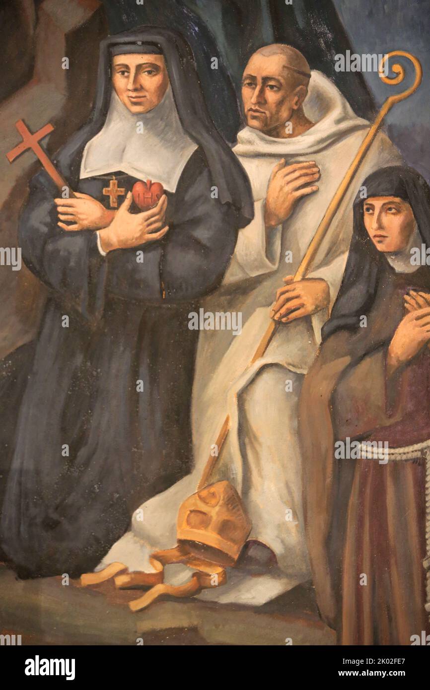 Sainte-Jeanne-Françoise de Chantal, Saint-Anthelme de Chignin, Évêque de Belley, Loyse de Savoie. Paul Monnier. Eglise Notre-Dame des Alpes. Le-De-France. Stockfoto
