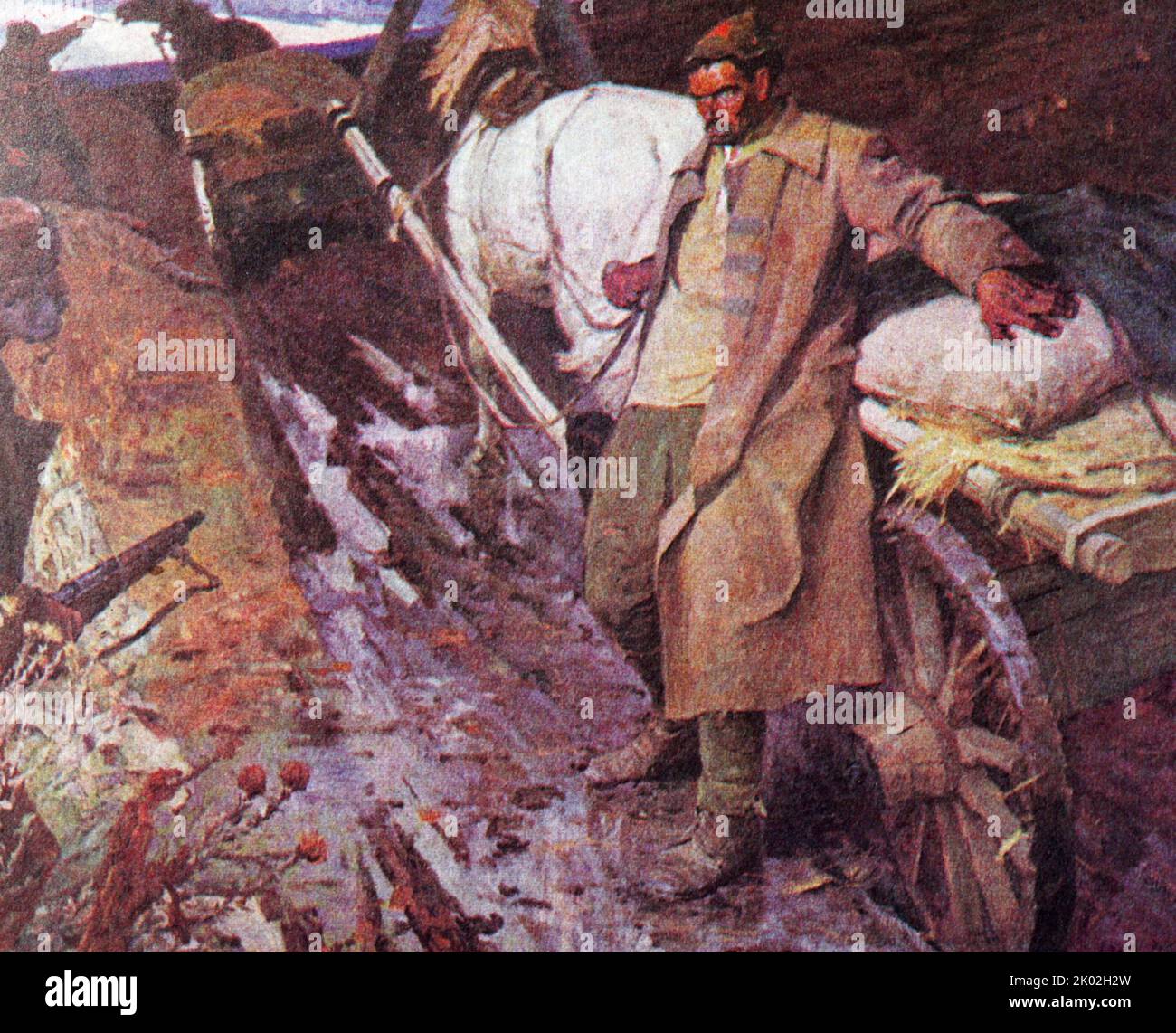 Lebensmittelabteilung von Anatoli Nasiedkin (1924 - 1994) sowjetischer ukrainischer Maler. Nahrungsmittelabteilungen wurden hauptsächlich von Arbeitern in der schwierigen Situation des Bürgerkrieges und der damit verbundenen Nahrungsmittelkrise, der Intensivierung des Klassenkampfes auf dem Land und von Kulakdemonstrationen geschaffen. Freiwillige, die sich den Lebensmittelabteilungen anschlossen, wurden ins Dorf geschickt, um Brot und andere Lebensmittel zu schützen. Oft mussten sie ihr Leben im Kampf um Brot opfern. Stockfoto