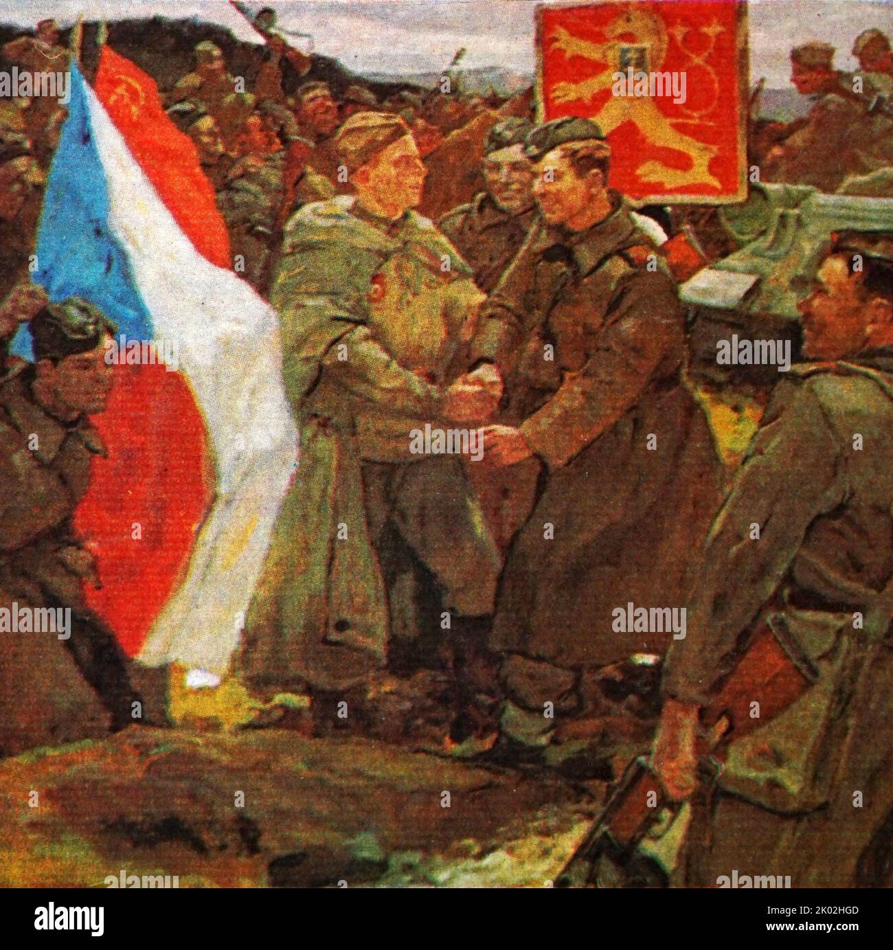 Vereidigte Brüder. Gemälde von P.I. Zhigimont. Tschechoslowakische und sowjetische Soldaten vereinen sich gegen den gemeinsamen Feind. Stockfoto