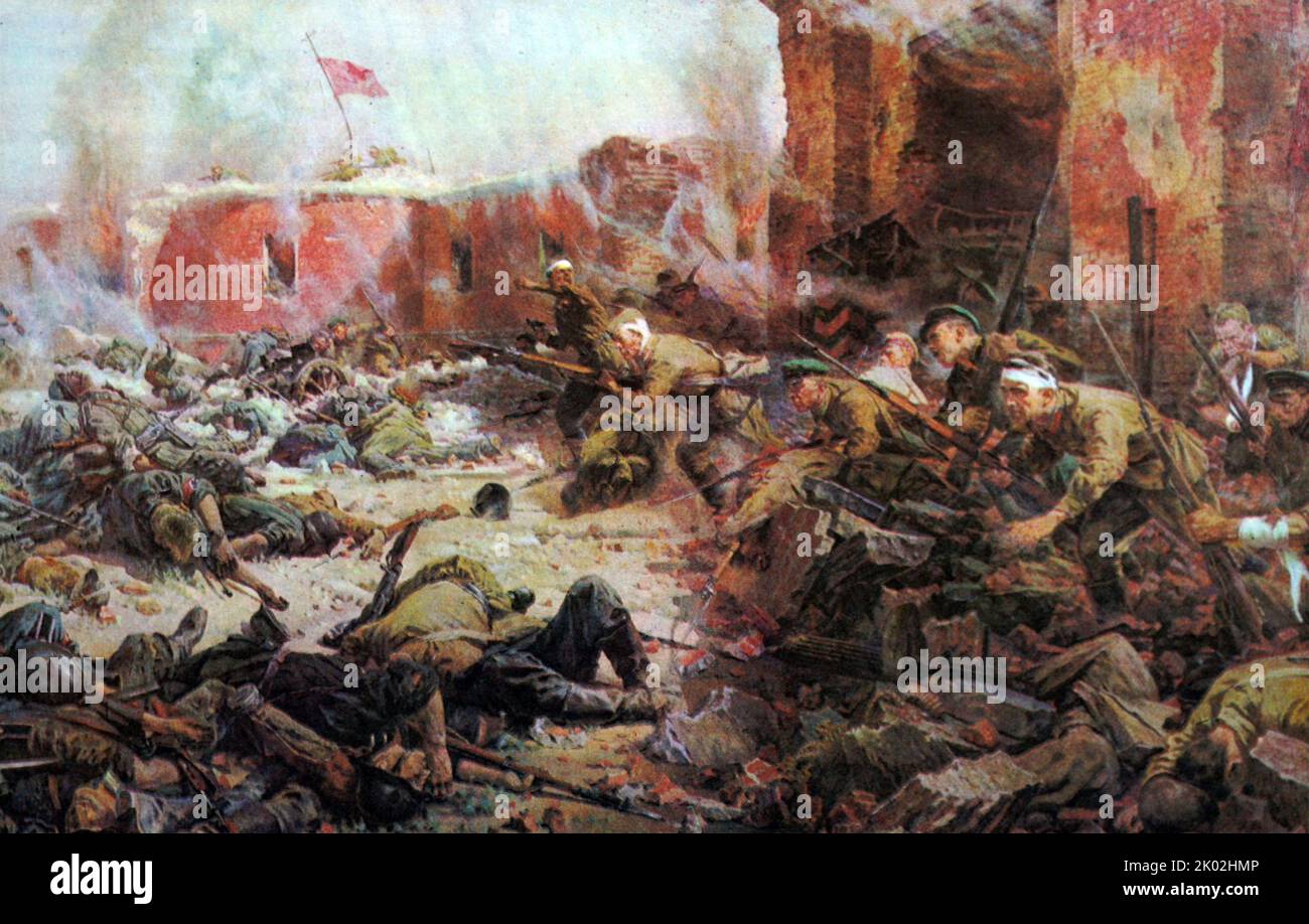 P.A. Krivonogov. Verteidiger der Festung Brest. 1954. Die Verteidigung der Festung Brest war die erste große Schlacht der Operation Barbarossa, die am 22. Juni 1941 vom 22. Bis 29. Juni von der Achse in die Sowjetunion einmarschierte. Die Verteidiger hatten keine Warnung vor dem Angriff erhalten, und die deutsche Heer (Armee) erwartete, Brest am ersten Tag nur mit Infanterie und Artillerie zu übernehmen. Die Verteidigung der Festung durch die Rote Armee dauerte mehrere Tage, die Verteidiger verloren viele getötete und gefangene Männer und deutsche Bodentruppen eroberten die Festung erst nach zwei Bombardierungen durch die Luftwaffe. Stockfoto
