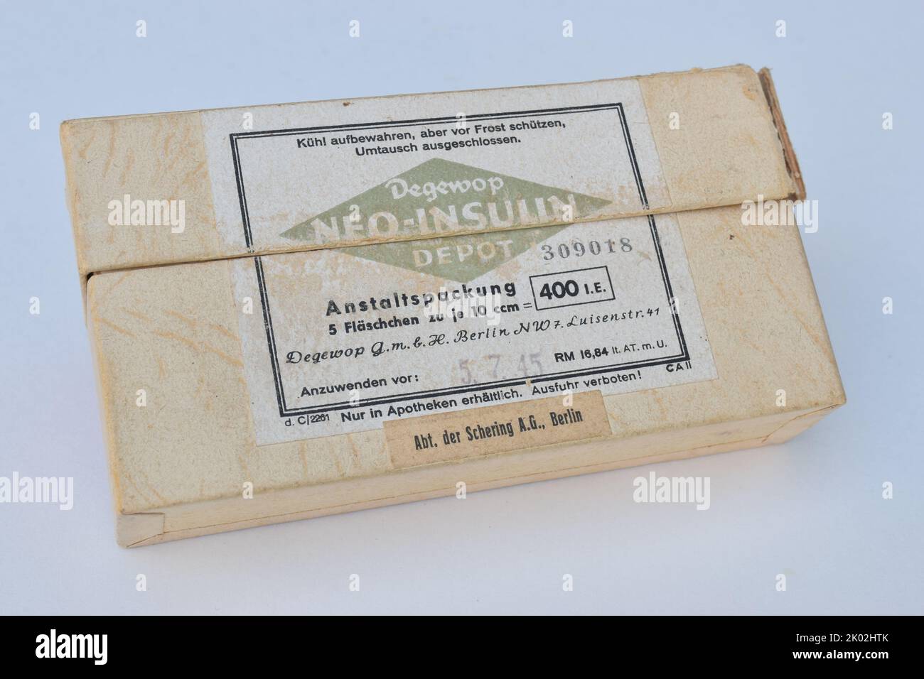 Historische Insulinverpackungen der Firma Degewop aus dem Jahr 1945 Stockfoto
