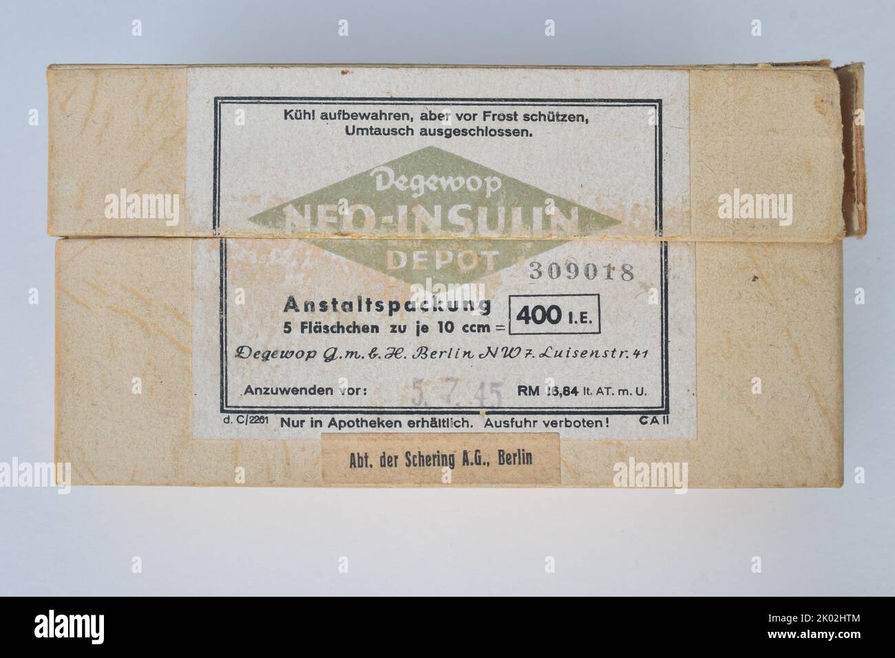 Historische Insulinverpackungen der Firma Degewop aus dem Jahr 1945 Stockfoto