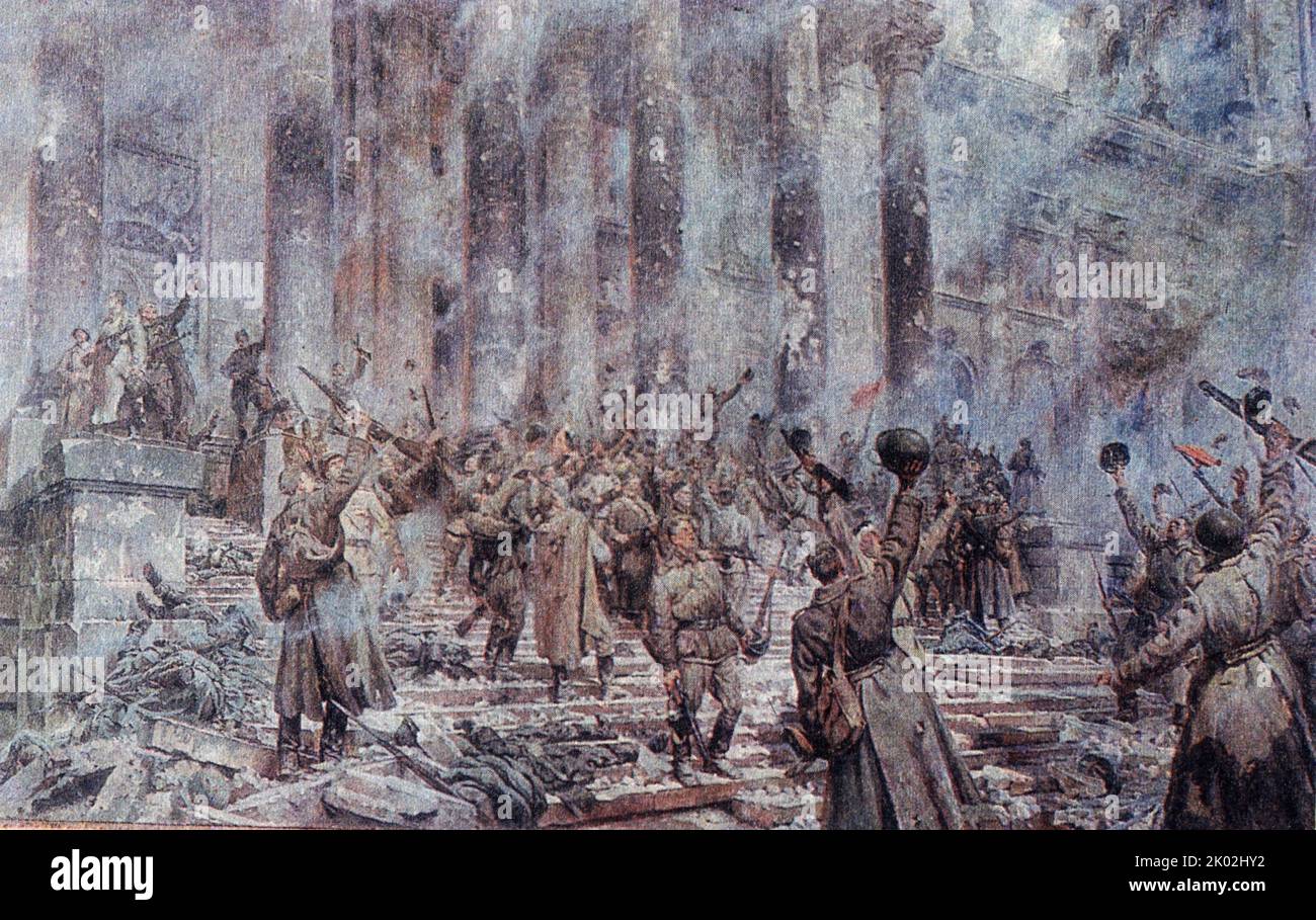 Sieg. Gemälde von P. A. Krivov, 1949. Sowjetische Truppen erreichen 1945 den Reichstag in Berlin Stockfoto
