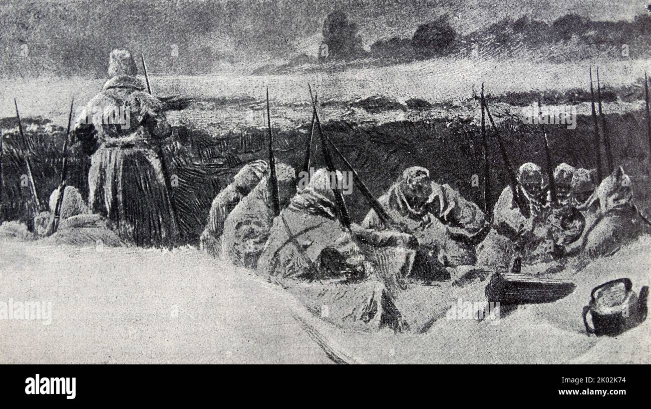 In den Schützengräben an der russischen Ostfront während des Ersten Weltkriegs. Stockfoto