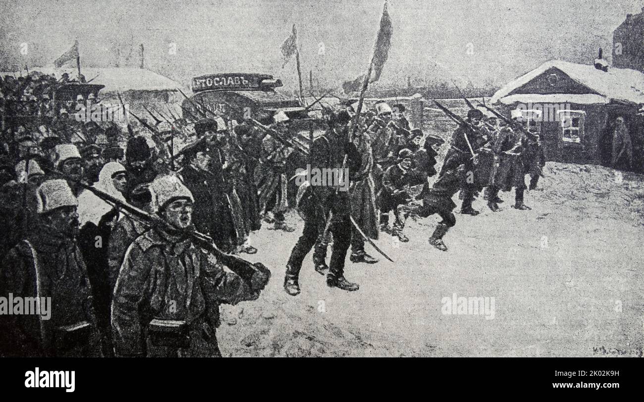 Demonstranten marschieren während der russischen Revolution vom 1917. Februar. Aus dem Bild von I. Wladimirov. Stockfoto