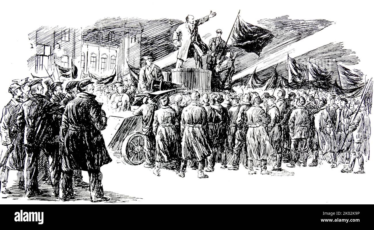 Illustration von Wladimir Lenin, der während der russischen (Oktober-)Revolution 1917 eine Menschenmenge ansprach Stockfoto