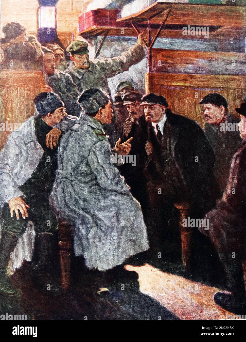 Lenin mit einer Gruppe von Genossen im Waggon des Zuges, der ihn nach Russland zurückbrachte. Februar 1917 Stockfoto