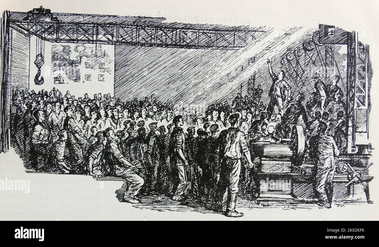 Arbeiter versammeln sich für eine revolutionäre Rede und einen revolutionären Streik, Sankt Petersburg, Russland., Februar 1917. Abbildung Stockfoto