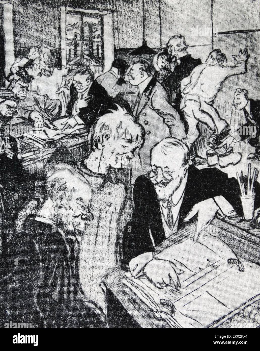 Karikatur von revolutionären Arbeitern, die die Kontrolle über eine Zeitschrift übernehmen. 1917. Stockfoto