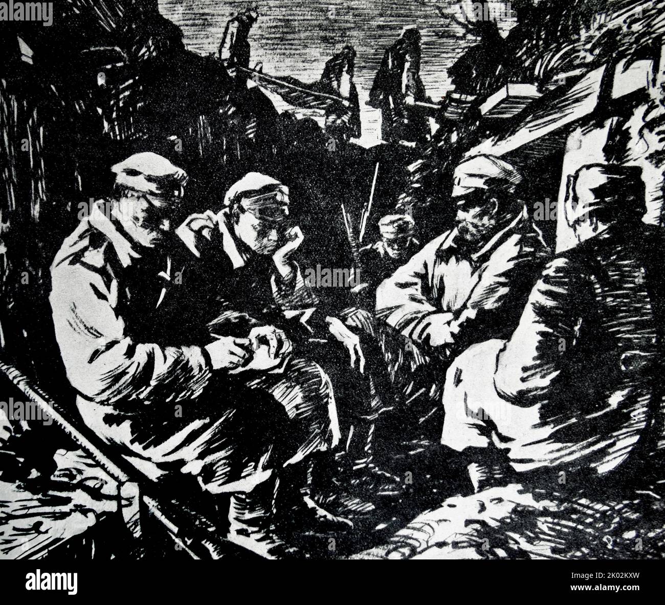 Illustration von russischen Soldaten in Schützengräben schreiben Briefe nach Hause 1917 Stockfoto
