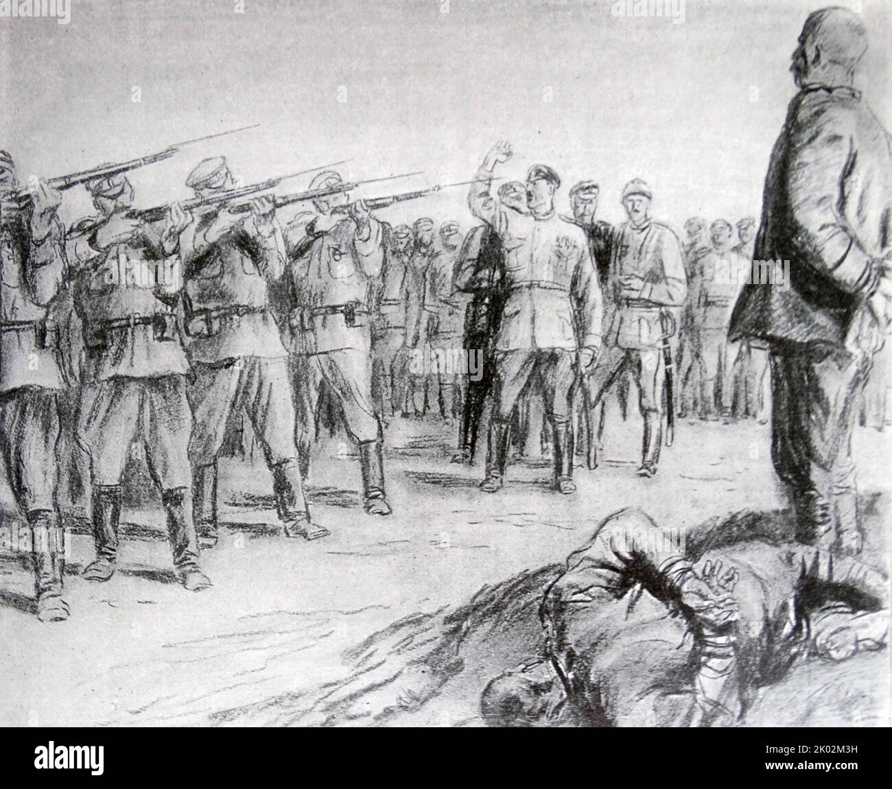 Hinrichtung der Bolschewiki durch die Garde Kornilows. Gemälde von D. Schmarinov Stockfoto