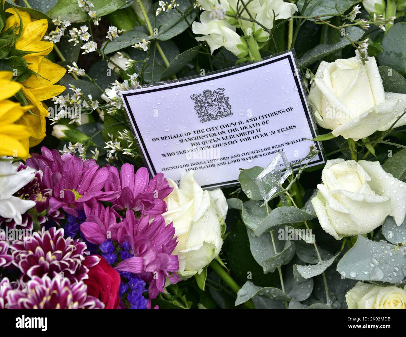 Manchester, Großbritannien, 9.. September 2022. Blumen, die vom Oberbürgermeister, Ratsmitglied Donna Ludford, und dem Oberbürgermeisterkonsort der Stadt Manchester auf dem St. Ann's Square, Manchester, Großbritannien, hinterlassen wurden. Die Trauerperiode beginnt nach dem Tod Ihrer Majestät, Königin Elizabeth II., in Manchester, Großbritannien. Der Stadtrat von Manchester hat auf seiner Website gesagt, dass die Stadt Manchester die offizielle 10-tägige Trauerperiode beobachten wird und dass: „Die Bewohner könnten Blumen zum Gedenken an den Tod ihrer Majestät legen wollen. Am St. Ann's Square können Sie Blumen legen. Quelle: Terry Waller/Alamy Live News Stockfoto