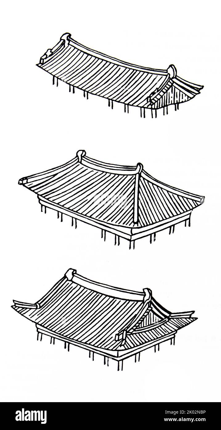Koreanische traditionelle Architektur: Dachformen: Oben - Dach mit zwei Rutschen; Mitte - ein Dach mit vier Rutschen; unten - eine gemischte Art (Khapkhak). Stockfoto