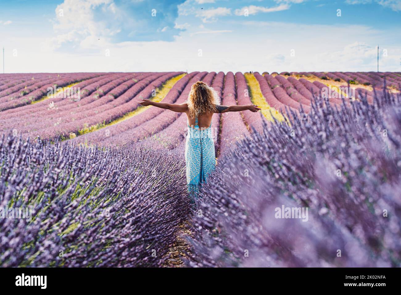 Glückliche und freie Reisende Frau, die Arme ausstreckt und genießen Sie die erstaunliche Naturlandschaft inmitten eines violetten Lavendelfeld Blumen malerischen Ziel. Konzept von Menschen und Reise-Lifestyle Stockfoto