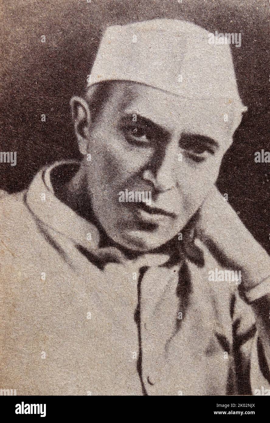 Jawaharlal Nehru (1889 - 1964) erster Premierminister Indiens sowie eine zentrale Persönlichkeit in der indischen Politik vor und nach der Unabhängigkeit. Er entwickelte sich zu einem bedeutenden Führer der indischen Unabhängigkeitsbewegung und diente Indien von seiner Gründung 1947 als unabhängige Nation bis zu seinem Tod im Jahr 1964 als Premierminister. Stockfoto