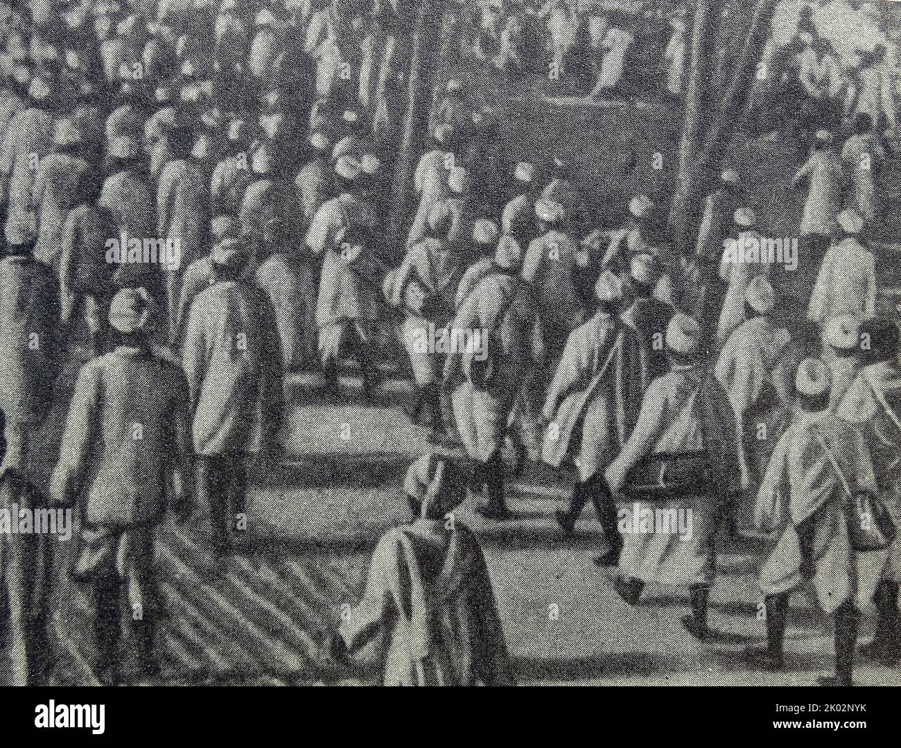 Der Salzmarsch, auch bekannt als der Salt Satyagraha, war ein Akt gewaltlosen zivilen Ungehorsams im kolonialen Indien unter der Führung von Mohandas Karamchand Gandhi. Der 24-tägige marsch dauerte vom 12. März 1930 bis zum 6. April 1930 als direkte Kampagne des Steuerwiderstands und gewaltfreien Protests gegen das britische Salzmonopol. Stockfoto