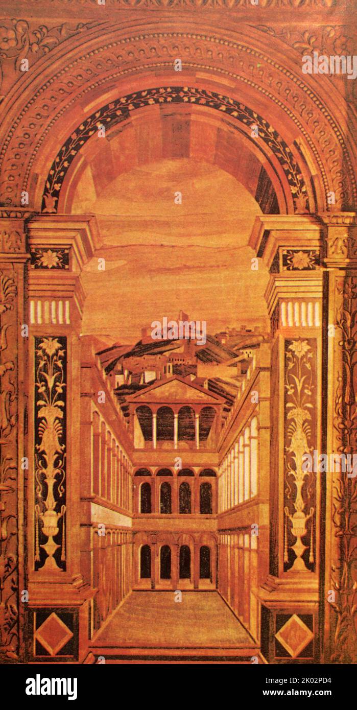 Perspektivische Komposition. Holz, Einlage. Zweite Hälfte des 16.. Jahrhunderts. Italien, Verona. Stockfoto