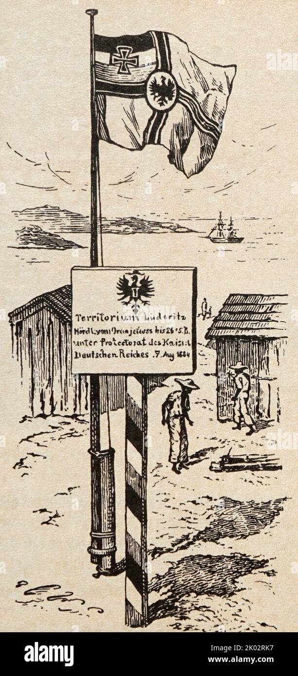 Das erste Gebiet, das 1883-1884 von den Kommissaren des Bremer Kaufmanns Luderitz in Südwestafrika erobert wurde. Die Inschrift unter dem Emblem Deutschlands weist darauf hin, dass das Gebiet unter der Schirmherrschaft deutscher Truppen steht. Stockfoto