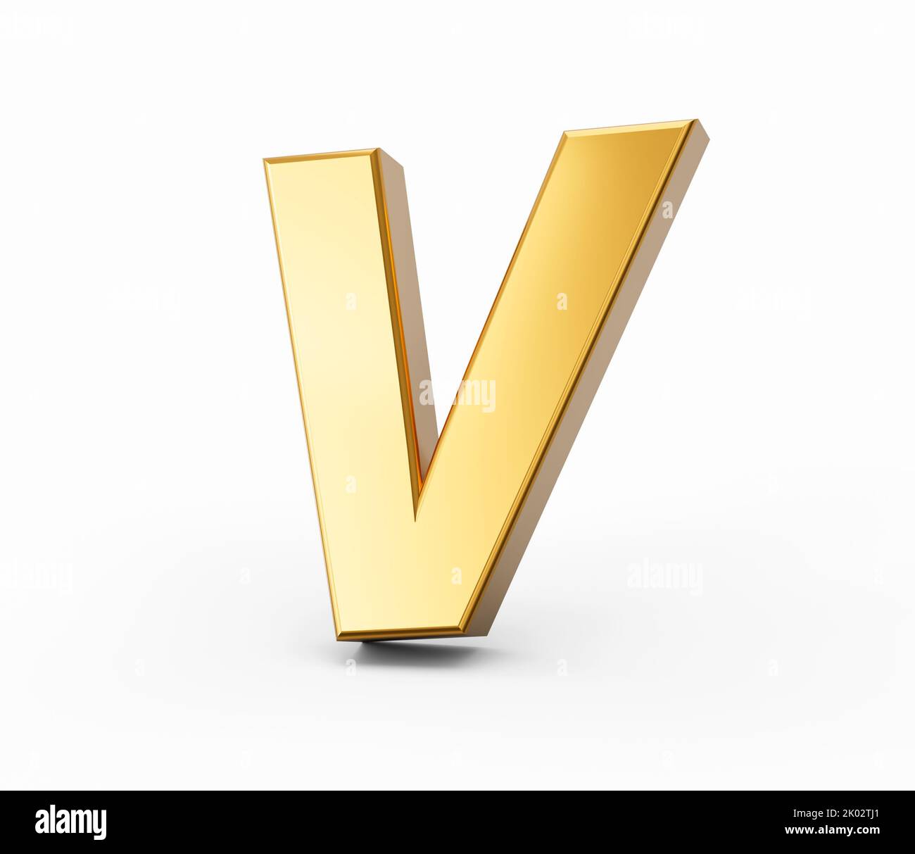 Eine Darstellung des goldenen Alphabets V aus dem Jahr 3D auf weißem, isoliertem Hintergrund Stockfoto
