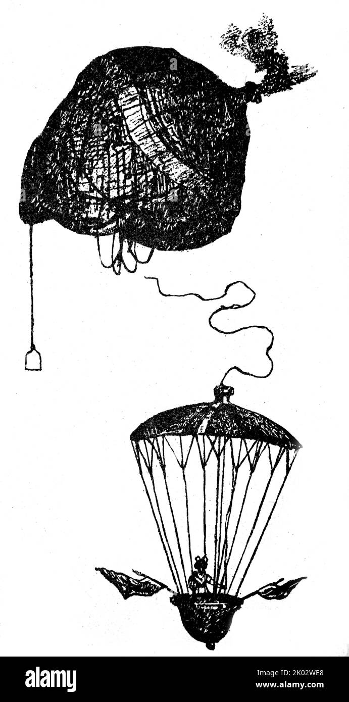 Eine alte Zeichnung des Fallschirmabstiegs von Eliza Garnerin. Sie war eine französische Ballonfahrerin und Fallschirmspringer. Sie war die Nichte des Pionierparachutisten Andre-Jacques Garnerin und nutzte seinen Namen und die Neuheit einer Frau, die damals äußerst gewagte Kunststücke vorführte. Stockfoto