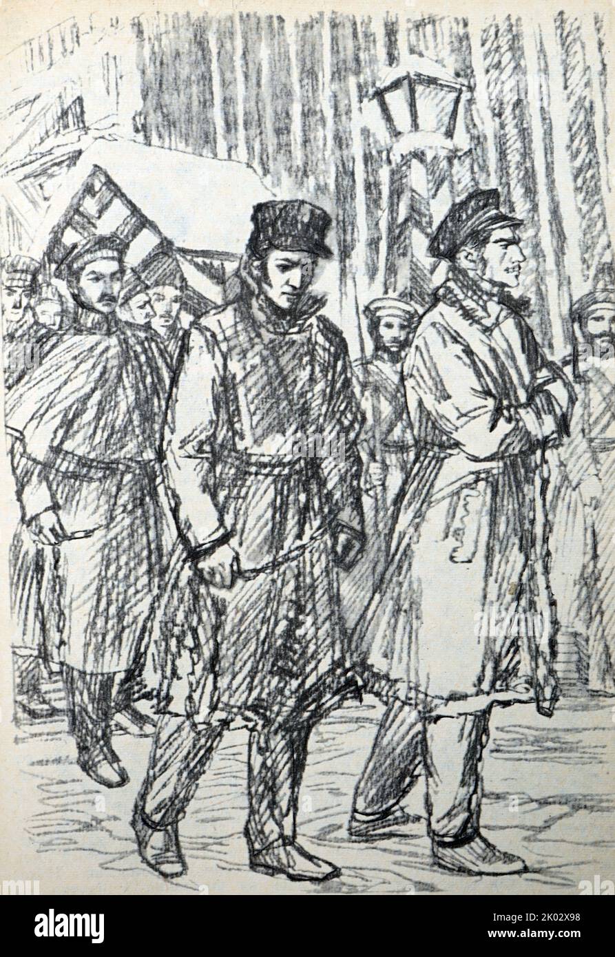 Russische Gefangene wurden nach Sibirien geschickt, um harte Arbeit zu verrichten. 1880. Stockfoto