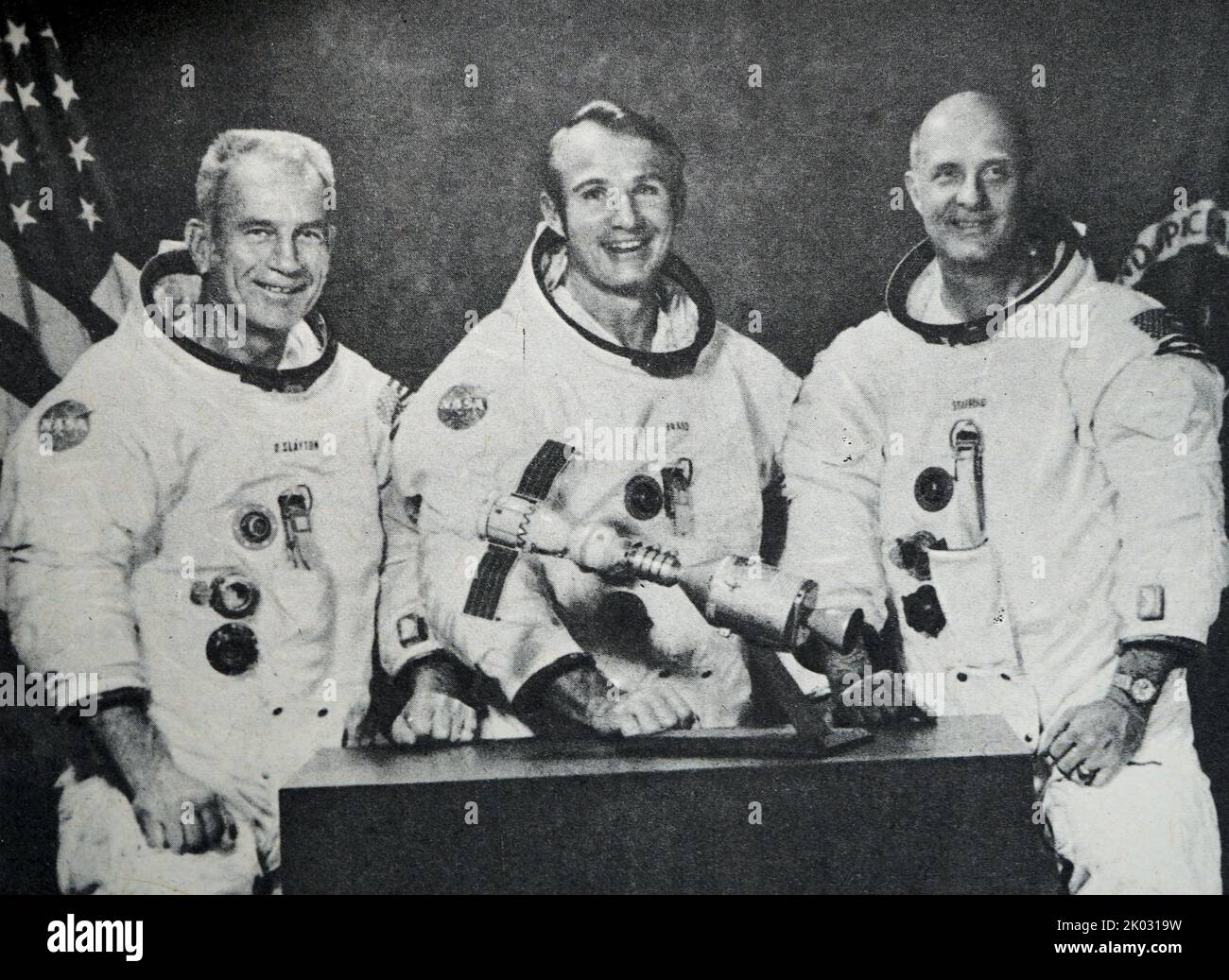 Die Hauptmannschaft der amerikanischen Raumsonde Apollo. Deke Slayton, Vance Brand, Thomas Stafford. 1975. Stockfoto
