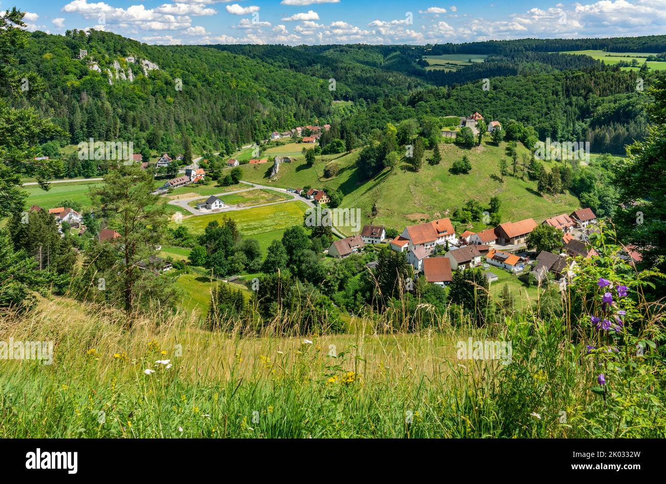 Blick vom Aussichtspunkt Bürzel auf die Burgruinen nieder- und Hohengundelfingen Stockfoto