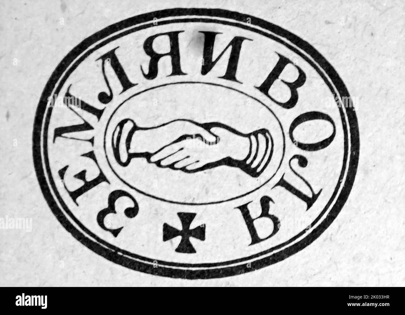 Das Siegel, das auf den Flugblättern der Gesellschaft „Land und Freiheit“ angebracht ist. 1863. Stockfoto