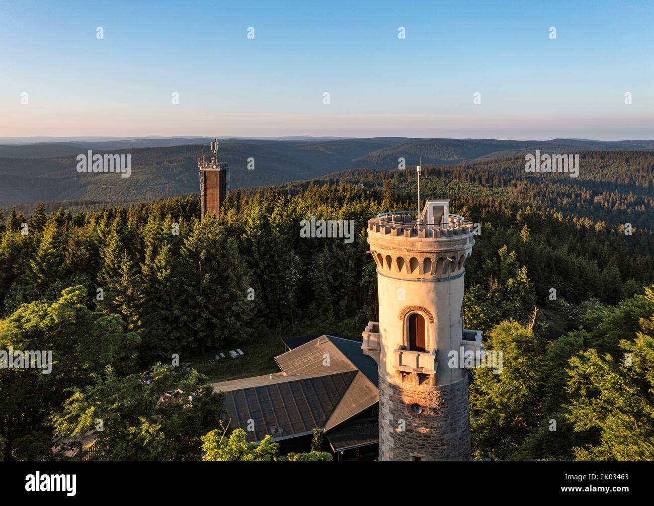 Deutschland, Thüringen, Ilmenau, Kickelhahn, Aussichtsturm, Telekom Turm, Wald, Berge, Übersicht Stockfoto