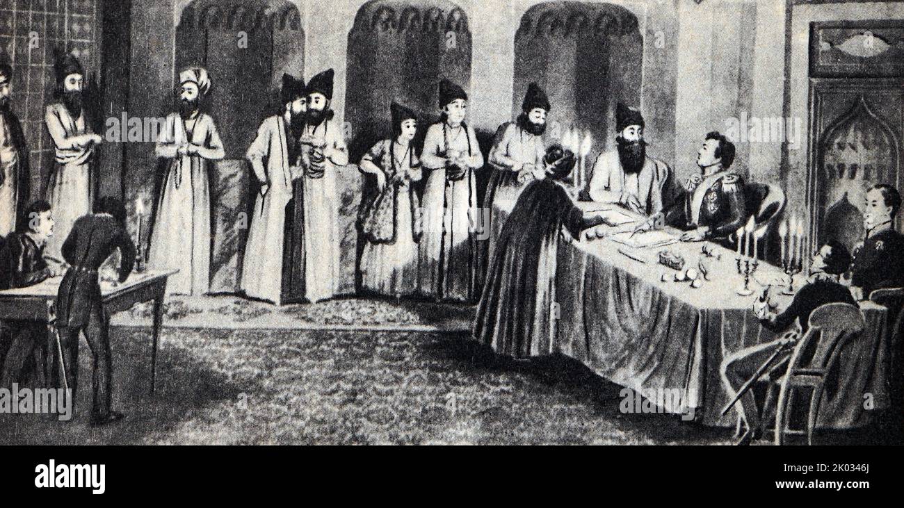 1882. Abschluss des Friedens zwischen Russland und dem Iran. Der zweite von rechts ist A. S. Gribojedow. Griboedow oder Sergejewitsch Griboedow; 15. Januar 1795 - 11. Februar 1829, früher als Alexander Sergejewitsch Gribojedoff romanisiert, war ein russischer Diplomat, Dramatiker, Dichter und Komponist. Er gilt als homo unius libri, ein Autor eines Buches, dessen Ruhm auf der Verskomödie Wehe von Wit oder die Wehen von Wit beruht. Er war Russlands Botschafter in Qajar, Persien, wo er und das gesamte Botschaftspersonal von einem wütenden Mob massakriert wurden, als Folge der grassierenden antirussischen Stimmung, die durch Russland existierte. Stockfoto