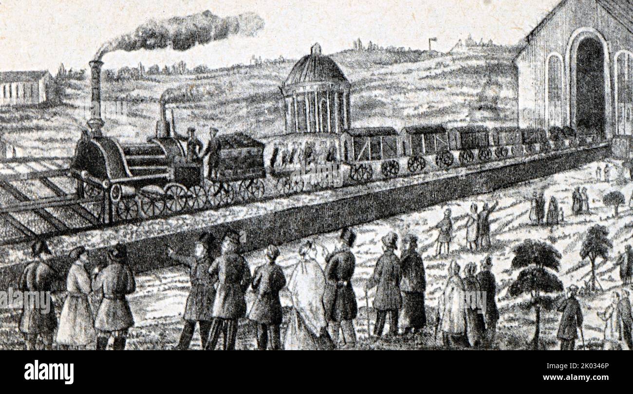 Moskauer Eisenbahn. Aus einem Stich im Jahr 1854. Stockfoto
