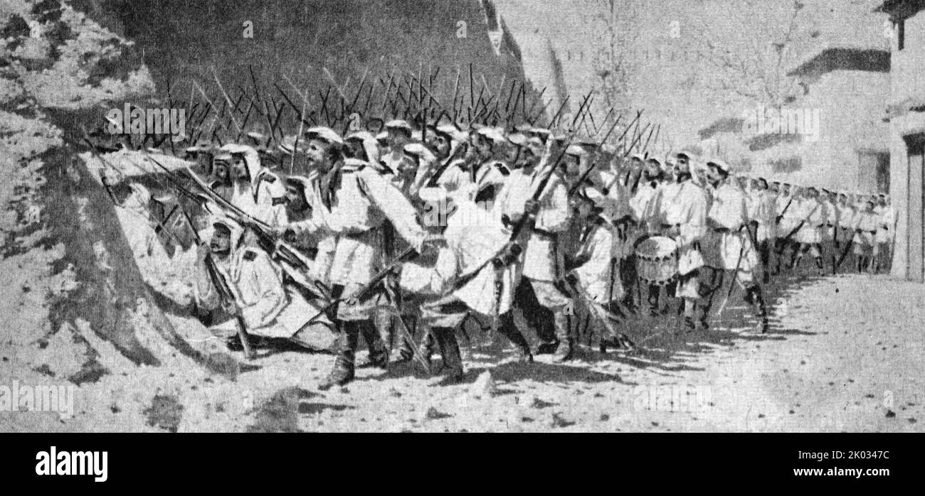 Belagerung von Samarkand im Jahr 1868. An der Festungsmauer: 'Lasst sie hereinkommen!'. Nach einem Gemälde von V. V. Vereshchagin. Stockfoto