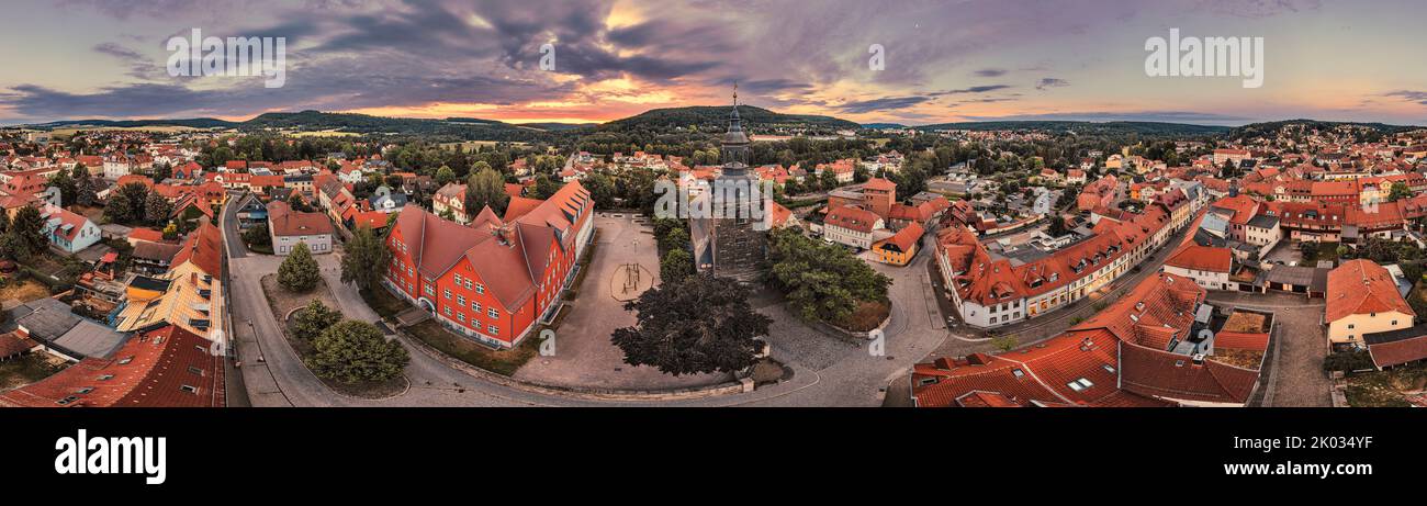 Deutschland, Thüringen, Bad Berka, Kirche, Stadt, Paulin Turm (Hintergrund), Übersicht, Morgendämmerung, 360 Grad Panorama Stockfoto