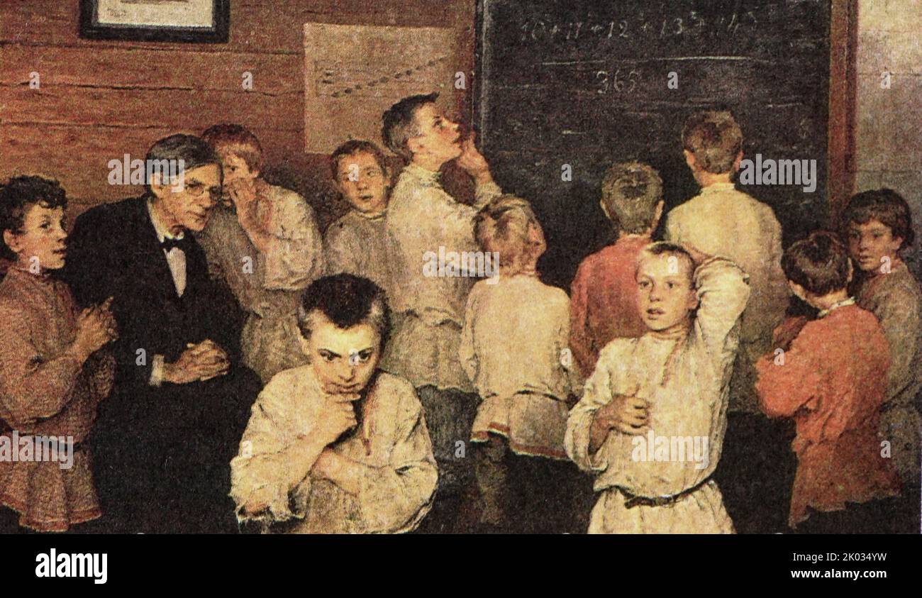 Die mündliche Zählung in der öffentlichen Schule S.A.Rachinski. Künstler N. P. Bogdanov-Belsky. 1895 Jahre. Stockfoto